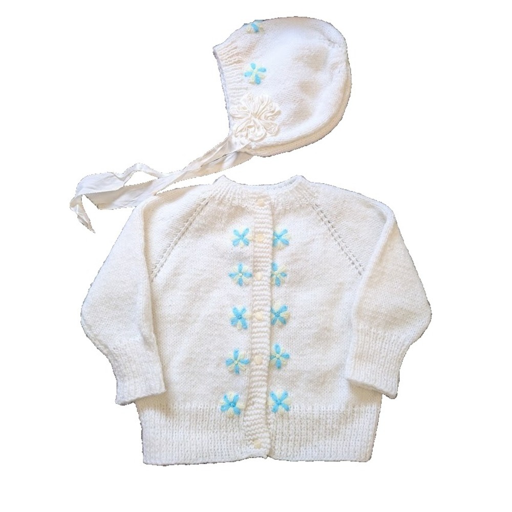 Vintage Crochet Baby Girl Sweater Bonnet Set Sweet Flower Button Cute Cottage